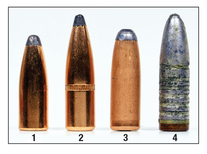 Bullets include: (1) Speer 170-grain HCSS, (2) Hornady 195-grain InterLock, (3) Hawk 200-grain roundnose and (4) a cast 210-grain bullet.